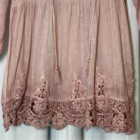 Soft Surroundings Smocked Lace Hem Peasant Blouse Pink Cotton Top Small - Picture 6 of 12